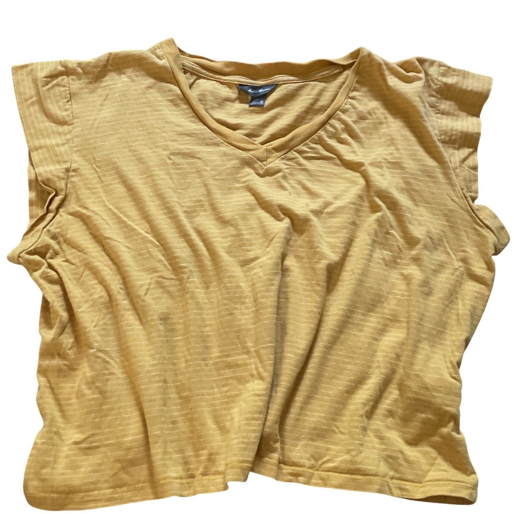 Eddie Bauer Womens‎ XL Mustard Yellow Striped V-Neck Cap Sleeve T-Shirt
